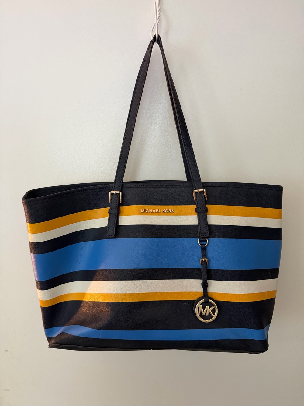 Michaels Kors Jet Set Striped Navy, Blue & Gold Tote Bag